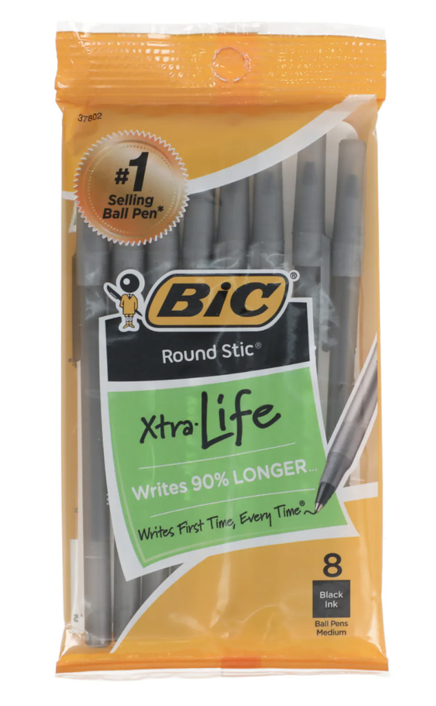 BIC Xtra Life шариковые ручки , средний закругленный наконечник (1,0 мм), черные, 8 шт